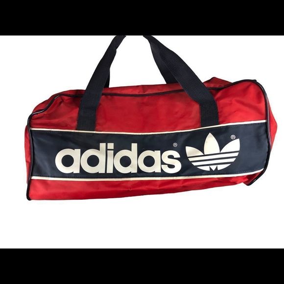 Vintage 80s 90s Adidas Duffle Bag Gym Travel Retro Spellout Mega Red Duffel - Picture 2 of 8
